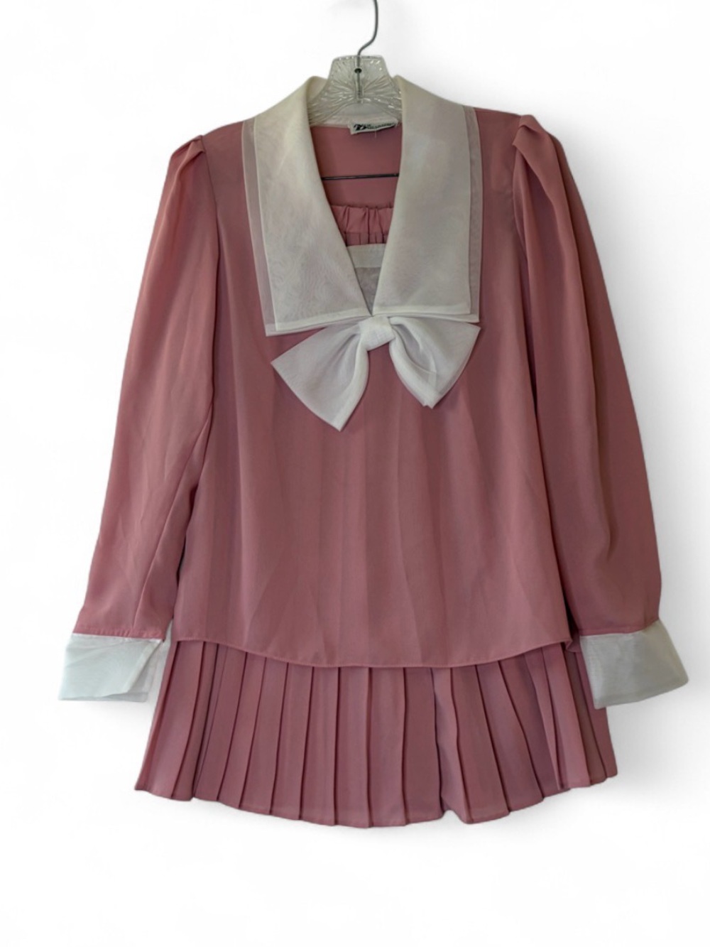 Vintage 80s New Discoveries Pink Sailor Collar Bow Blouse & Pleated Skirt Set M/